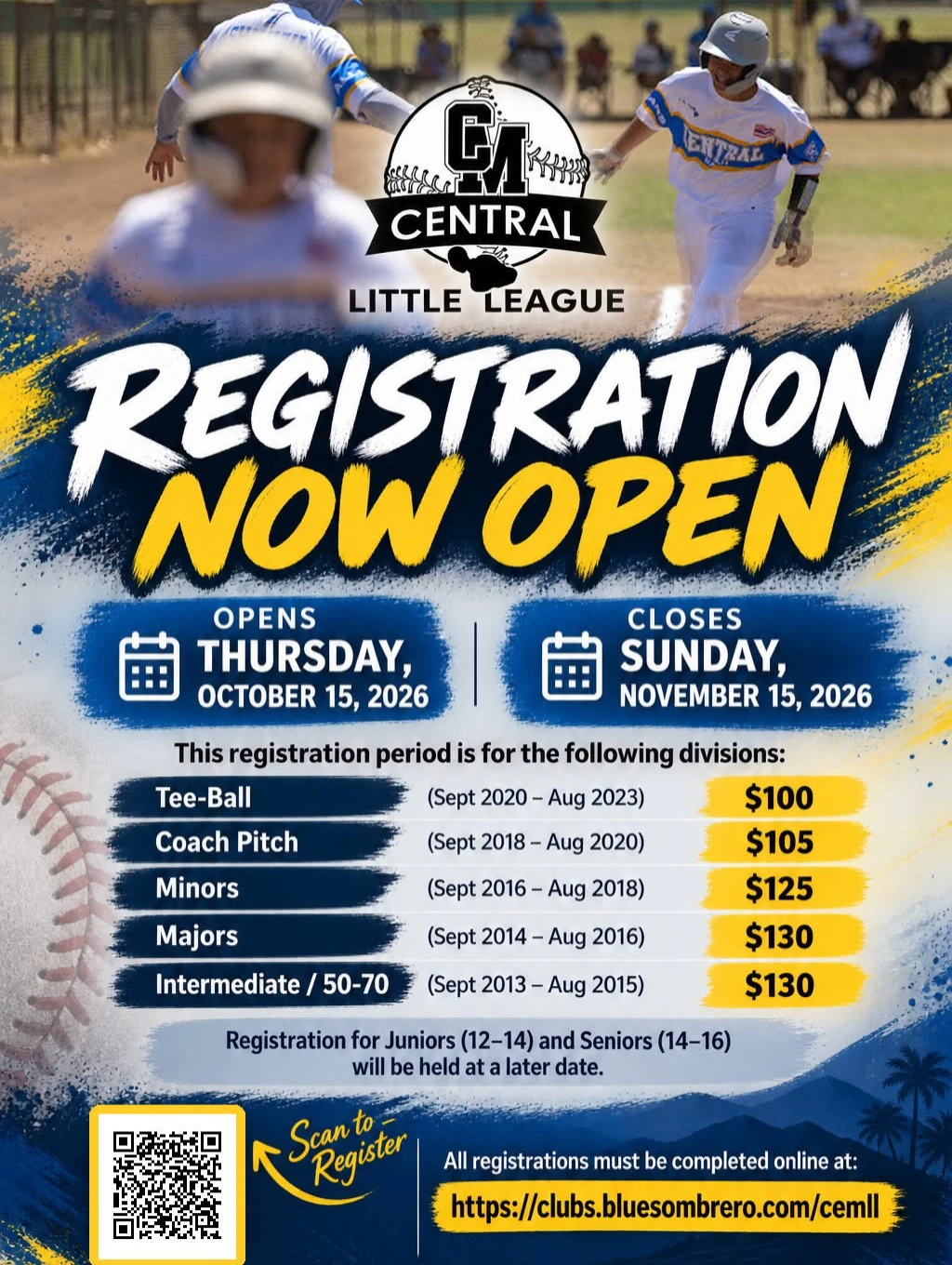 Central Maui Little League registration flyer. Registration is open October 15 through November 15, 2026. Tee-Ball, birthdates September 2020 to August 2023, is $100.